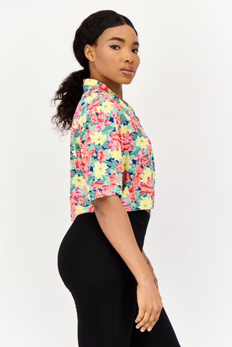 ONLY Women Spread Collar Short Sleeve Floral Print Shirt, Multicolor  - Image 2