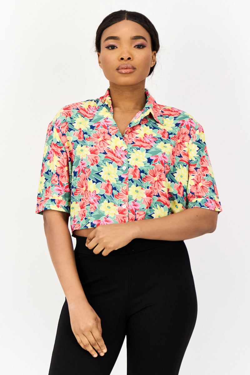 ONLY Women Spread Collar Short Sleeve Floral Print Shirt, Multicolor  - Image 1