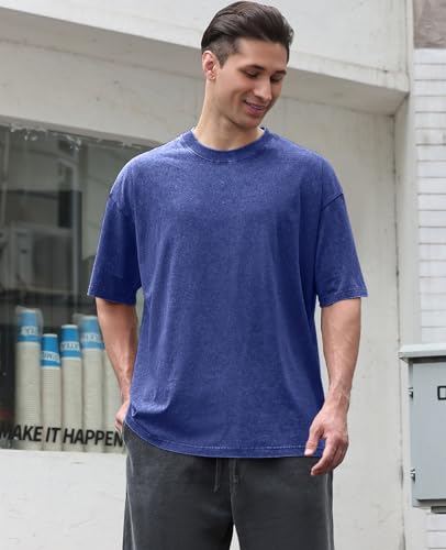 KEEPSHOWING 3 Pcs Oversized Heavy Cotton Summer T-Shirts Vintage Unisex Short Sleeves Casual Loose Basic Tops(Black+Coffee+Blue L) - Image 2