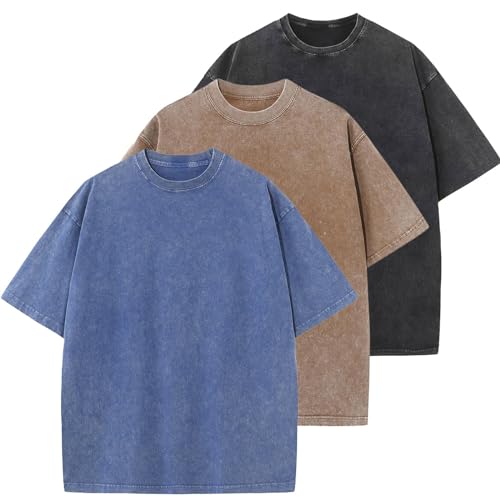 KEEPSHOWING 3 Pcs Oversized Heavy Cotton Summer T-Shirts Vintage Unisex Short Sleeves Casual Loose Basic Tops(Black+Coffee+Blue L) - Image 1