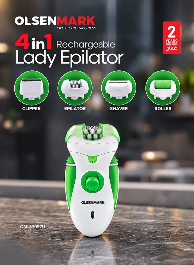 Olsenmark 4-in-1 Rechargeable Lady Epilator, Women’s Hair Removal Device with Changeable Heads, Epilator, Clipper, Shaver & Roller, 2 Speed Settings, Built-in Light, Facial & Body Hair Remover for Face, Underarms, Legs & Sensitive Areas, Cordless Electric Grooming Tool, White & Green, 2 Years Warranty Green/White - Image 5