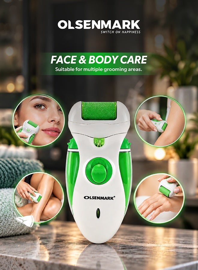 Olsenmark 4-in-1 Rechargeable Lady Epilator, Women’s Hair Removal Device with Changeable Heads, Epilator, Clipper, Shaver & Roller, 2 Speed Settings, Built-in Light, Facial & Body Hair Remover for Face, Underarms, Legs & Sensitive Areas, Cordless Electric Grooming Tool, White & Green, 2 Years Warranty Green/White - Image 4