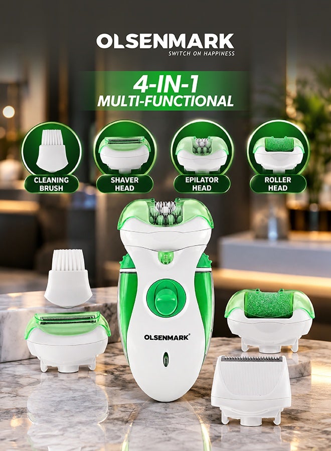 Olsenmark 4-in-1 Rechargeable Lady Epilator, Women’s Hair Removal Device with Changeable Heads, Epilator, Clipper, Shaver & Roller, 2 Speed Settings, Built-in Light, Facial & Body Hair Remover for Face, Underarms, Legs & Sensitive Areas, Cordless Electric Grooming Tool, White & Green, 2 Years Warranty Green/White - Image 1