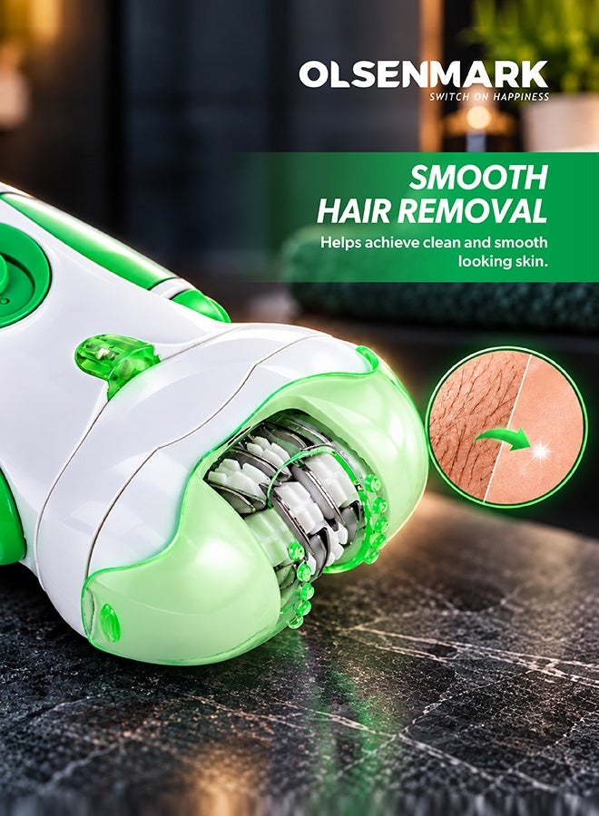 Olsenmark 4-in-1 Rechargeable Lady Epilator, Women’s Hair Removal Device with Changeable Heads, Epilator, Clipper, Shaver & Roller, 2 Speed Settings, Built-in Light, Facial & Body Hair Remover for Face, Underarms, Legs & Sensitive Areas, Cordless Electric Grooming Tool, White & Green, 2 Years Warranty Green/White - Image 3
