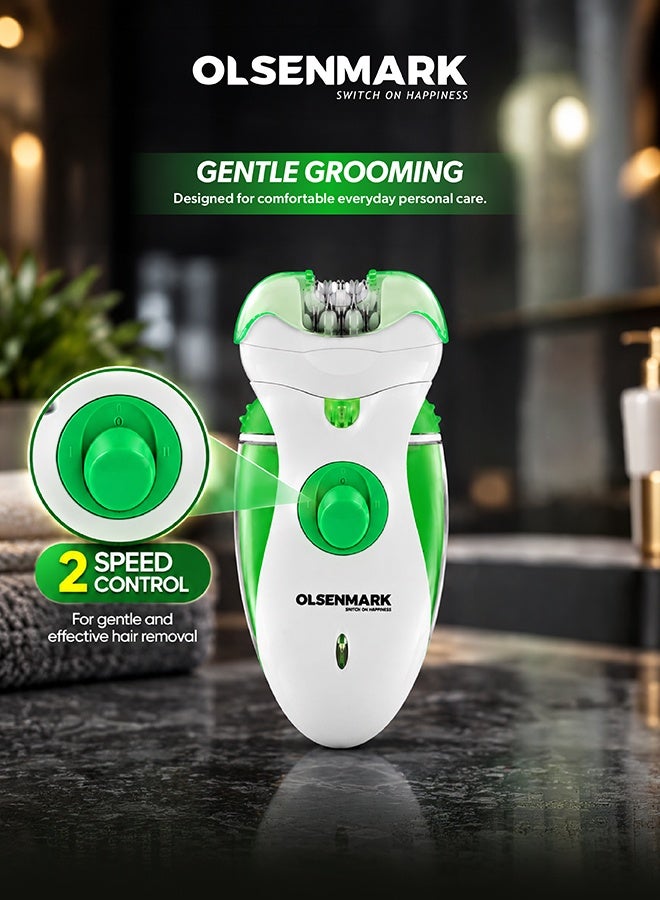 Olsenmark 4-in-1 Rechargeable Lady Epilator, Women’s Hair Removal Device with Changeable Heads, Epilator, Clipper, Shaver & Roller, 2 Speed Settings, Built-in Light, Facial & Body Hair Remover for Face, Underarms, Legs & Sensitive Areas, Cordless Electric Grooming Tool, White & Green, 2 Years Warranty Green/White - Image 2