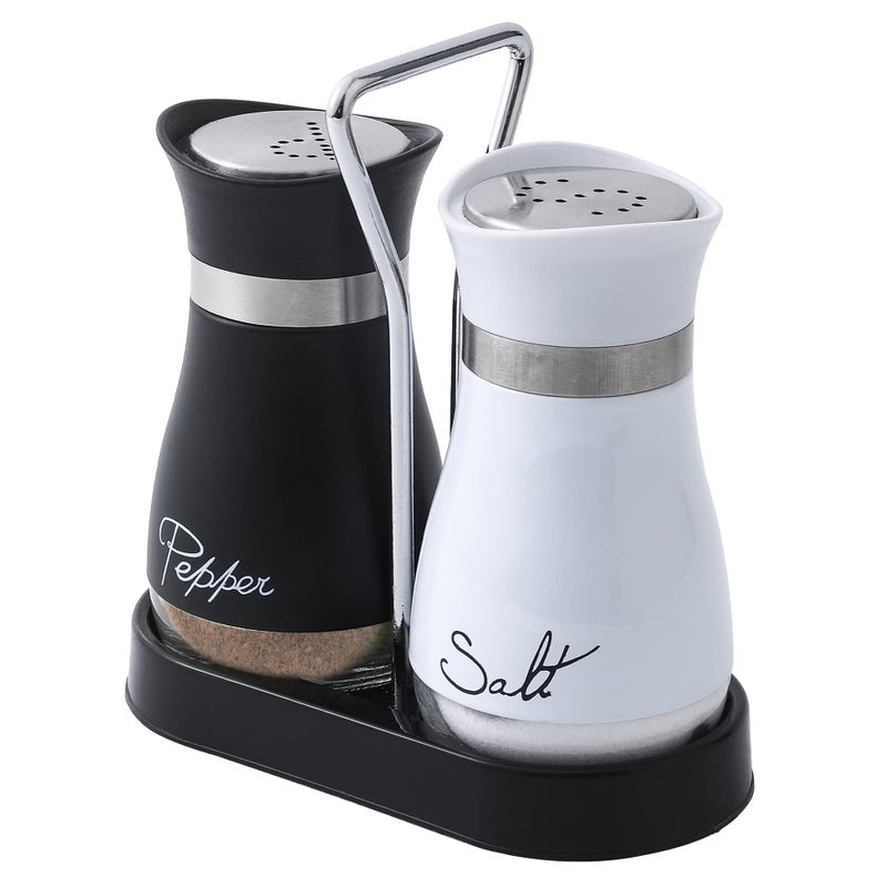 Lonffery Salt and Pepper Shakers Set, Stainless Steel with Glass Bottle for Table, RV, Camp, BBQ, Set of 2, Black and White - Image 1