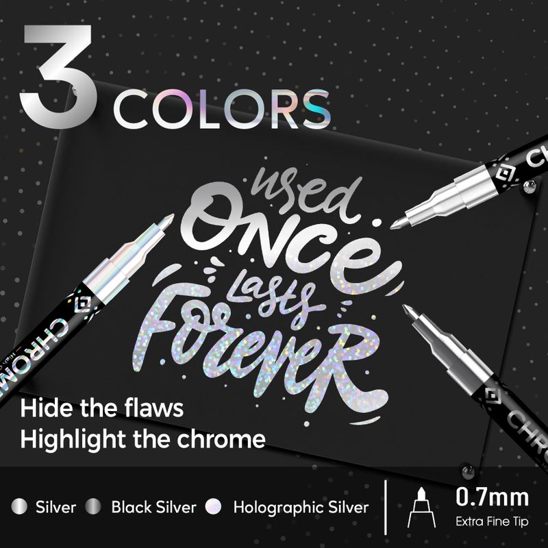 Pagather 3 Colors Chrome Paint Markers, Light, Black and Laser Silver Permanent Mirror Liquid Chrome Pens for Plastic, Metal, Model, Jewelry, Wheel Painting, Touch Up & Repair Kit, DIY Art Projects - Image 2