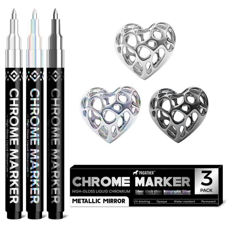 Pagather 3 Colors Chrome Paint Markers, Light, Black and Laser Silver Permanent Mirror Liquid Chrome Pens for Plastic, Metal, Model, Jewelry, Wheel Painting, Touch Up & Repair Kit, DIY Art Projects - Image 1