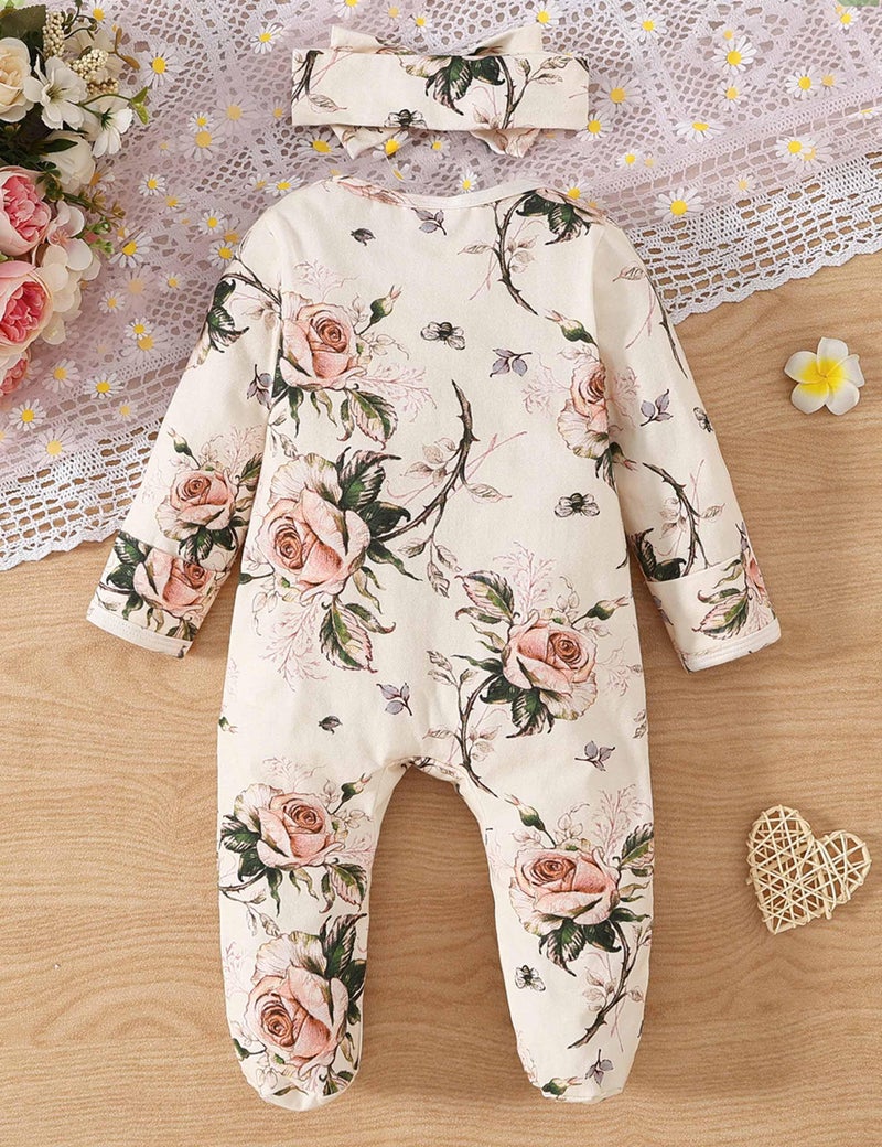 Yvowming Newborn Baby Girl Fall Winter Outfits Ruffle Jumpsuit Romper Infant Coming Home Outfit for Baby Girl (Beige Floral, Preemie) - Image 5