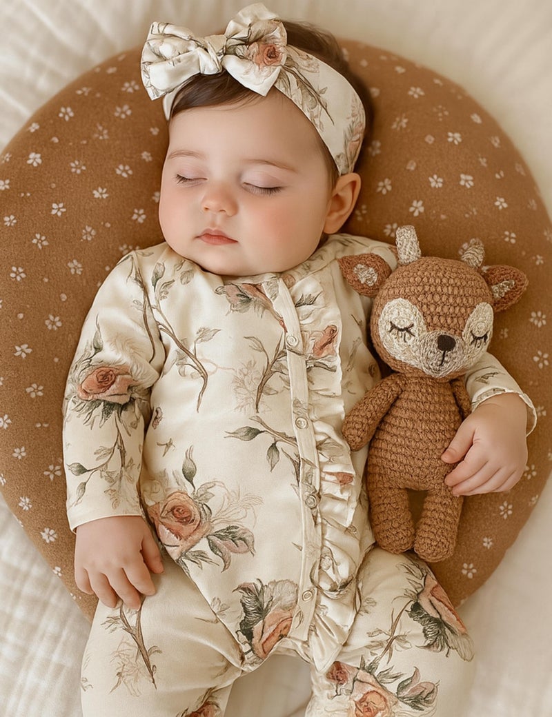 Yvowming Newborn Baby Girl Fall Winter Outfits Ruffle Jumpsuit Romper Infant Coming Home Outfit for Baby Girl (Beige Floral, Preemie) - Image 2