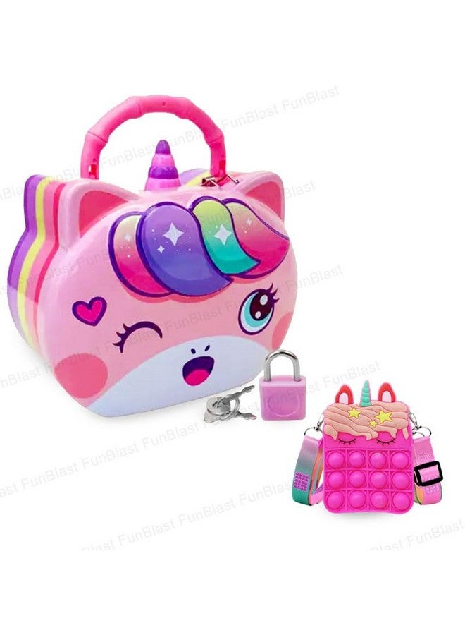 فنبلاست حقيبة يد فن بلاست يونيكورن بوب إت مع صندوق عملات يونيكورن للأطفال - محفظة بوب إت للبنات، ألعاب تخفيف التوتر، حقيبة بوب إت للبنات، بنك نقود على شكل لعبة كرتونية للأطفال، (عبوة من قطعتين؛ لون عشوائي) - Image 1