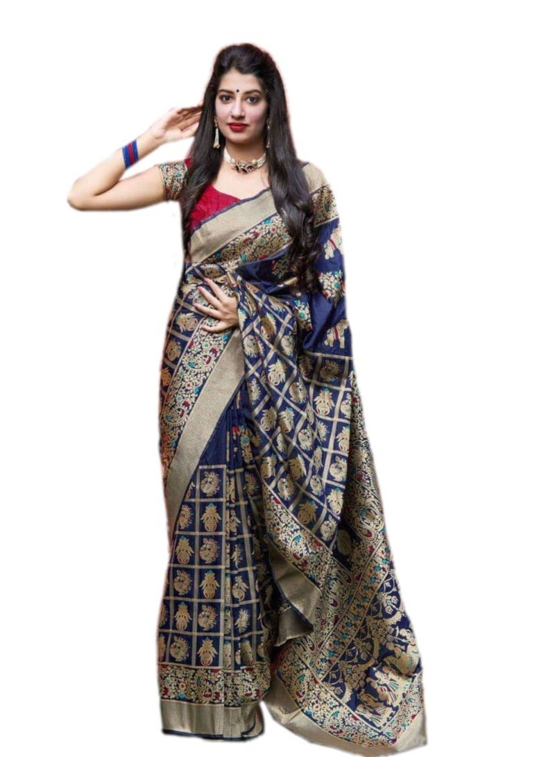 Grab Mantra Navy Blue banaras silk saree with golden Checks and motif with unstitched blouse  - Image 1
