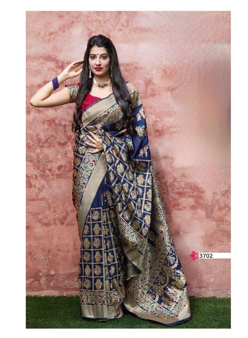 Grab Mantra Navy Blue banaras silk saree with golden Checks and motif with unstitched blouse  - Image 2