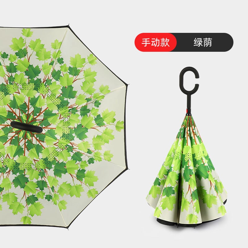 Hands-Free C-Handle Standable Reverse Umbrella Green shade hand opening 