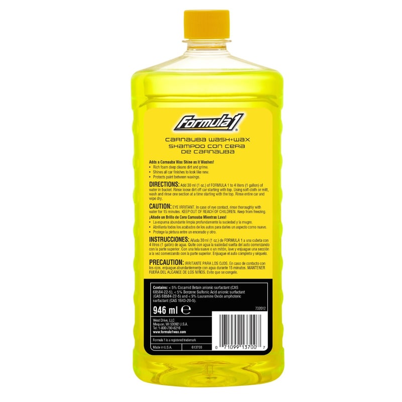 Formula 1 غسيل سيارات فورمولا 1 وشمع كارناوبا، صابون تنظيف سيارات 2 في 1 لتفاصيل السيارات، يزيل الأوساخ الصعبة ويترك لمعاناً رائعاً (32 أونصة) - Image 2