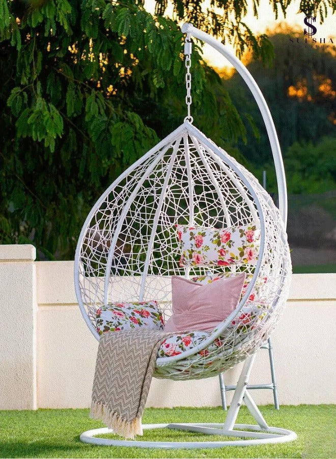 SULSHA Hanging Egg Indoor Outdoor Patio Wicker Rattan Swing Chair with UV Resistant Random Washable Cushions & Iron Frame for Garden, Living Room & Backyard White - Image 1