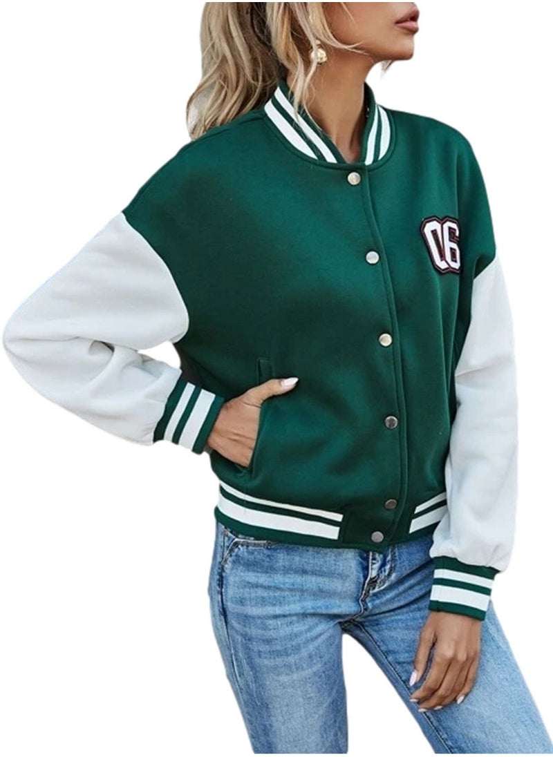 NIBEMINENT - Womens Cropped Baseball Jacket Color Block Bomber Coat Button Up Varsity Jackets Lettler Embroidery Y2k Streetwear - Image 1