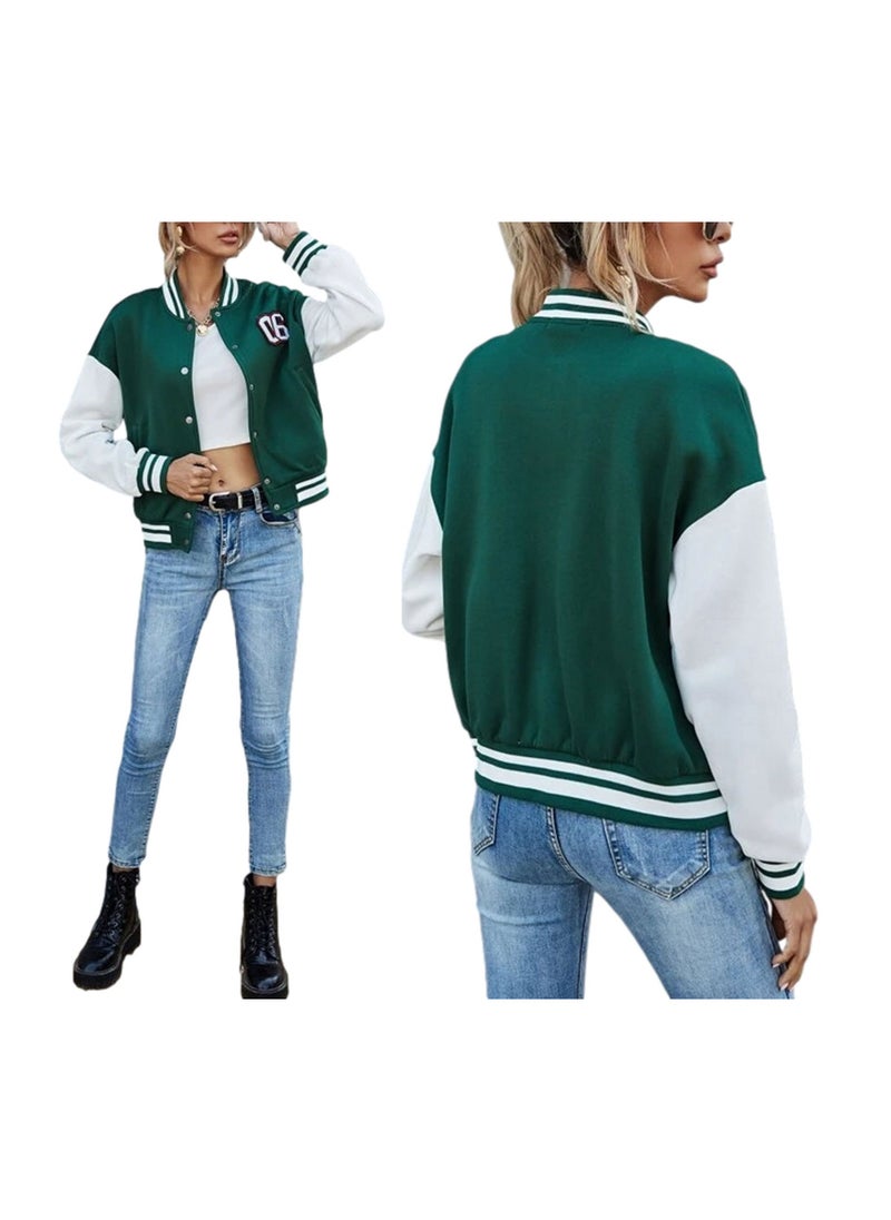 NIBEMINENT - Womens Cropped Baseball Jacket Color Block Bomber Coat Button Up Varsity Jackets Lettler Embroidery Y2k Streetwear - Image 1