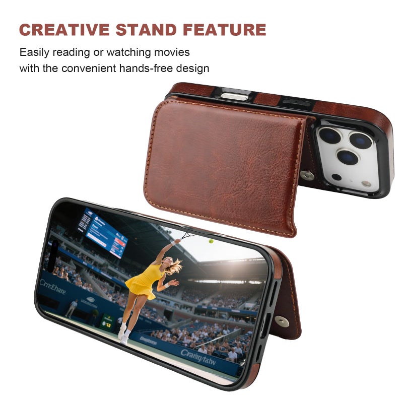 OT ONETOP ONETOP Compatible with iPhone 17 Pro Wallet Case with Card Holder, PU Leather Kickstand Card Slots Case, Double Magnetic Clasp and Durable Shockproof Cover 6.3 Inch (Brown) - Image 5