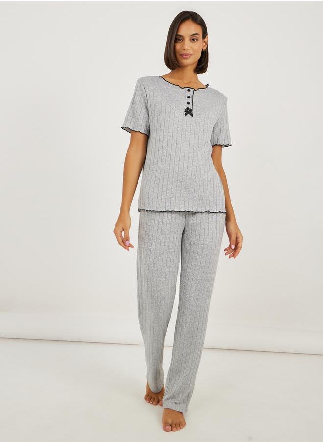 Brushed Rib Contrast Edge Placket T-Shirt and Pyjama Set - pzsku/Z81C2B3DCBC2FD0449796Z/45/_/1738970615/8e829478-5123-4f5d-ac17-3f2b627c7974