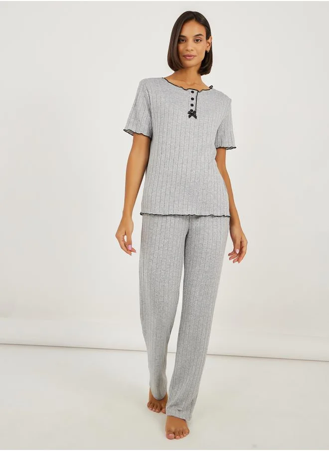 ستايلي Brushed Rib Contrast Edge Placket T-Shirt and Pyjama Set