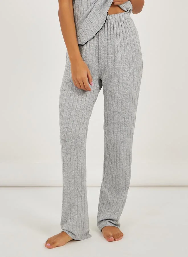 Styli Brushed Rib Contrast Edge Placket T-Shirt and Pyjama Set