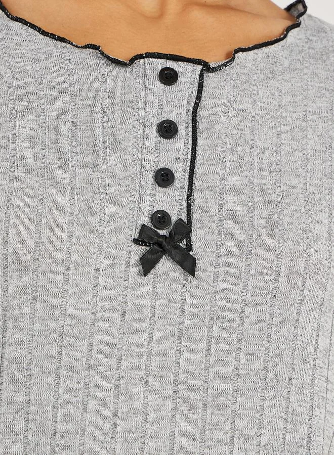 Styli Brushed Rib Contrast Edge Placket T-Shirt and Pyjama Set