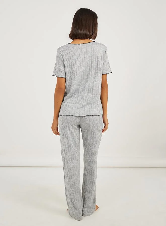 Styli Brushed Rib Contrast Edge Placket T-Shirt and Pyjama Set