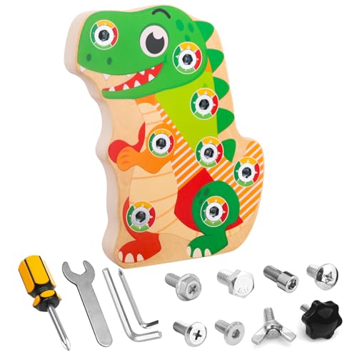 Liangding Montessori Screw Board Toy Dinosaur for Kids Wooden Fine Motor Skills Busy Board with 8 Screws Tools STEM Learning Toy for Toddlers Ages 2 3 4 5 Educational Gift for Boys Girls - Image 1