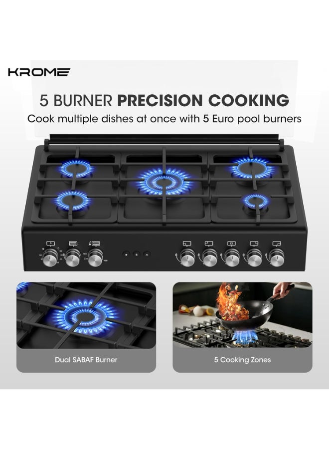 كروم 90×60 cm Freestanding Gas Cooker with 5 Euro Pool Burners and Dual SABAF Burner KR-CR9062FEB Black - Image 3