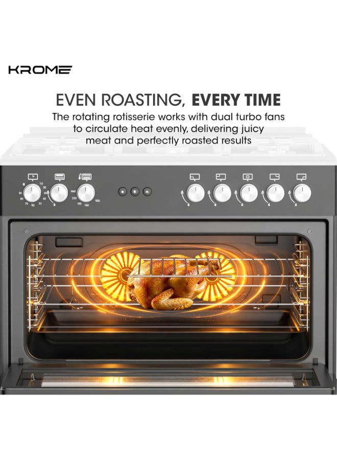 كروم 90×60 cm Freestanding Gas Cooker with 5 Euro Pool Burners and Dual SABAF Burner KR-CR9062FEB Black - Image 5