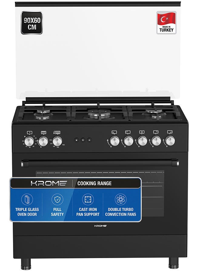 كروم 90×60 cm Freestanding Gas Cooker with 5 Euro Pool Burners and Dual SABAF Burner KR-CR9062FEB Black - Image 1