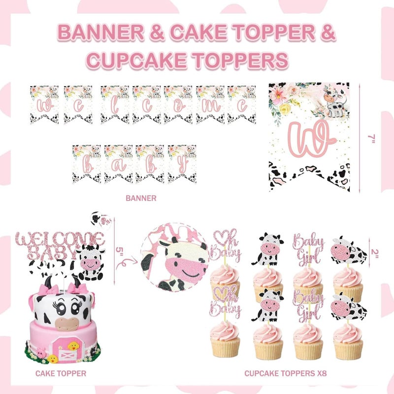 Fiesec Cow Baby Shower Decorations for Girl, Fiesec Pink Farm Cow Themed Baby Shower Decorations Backdrop Balloon Garland Welcome Baby Banner Tablecloth Cake Topper Box Cutout Mom To Be Sash - Image 3