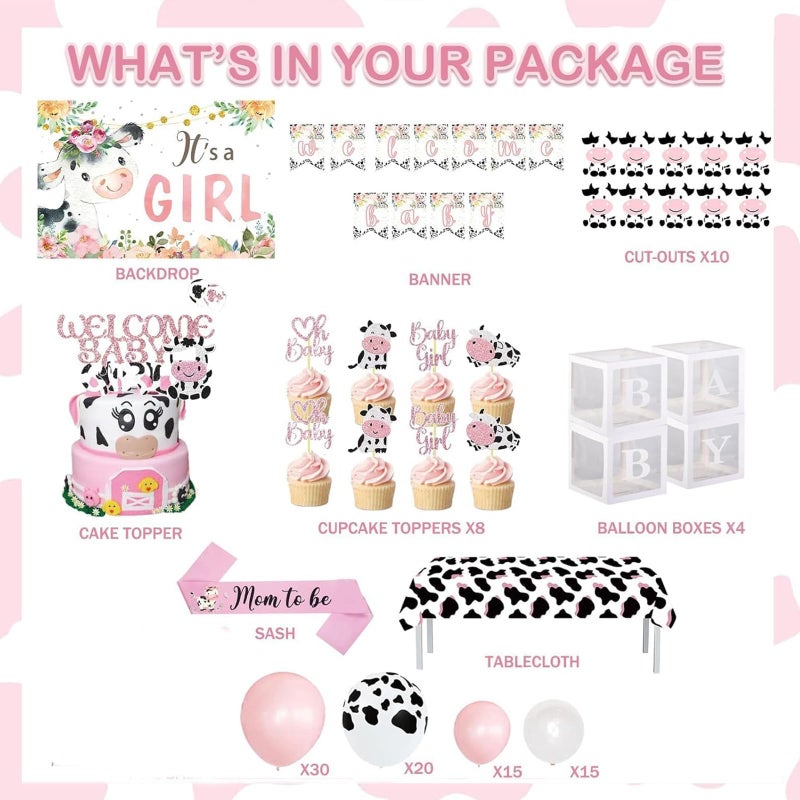 Fiesec Cow Baby Shower Decorations for Girl, Fiesec Pink Farm Cow Themed Baby Shower Decorations Backdrop Balloon Garland Welcome Baby Banner Tablecloth Cake Topper Box Cutout Mom To Be Sash - Image 2