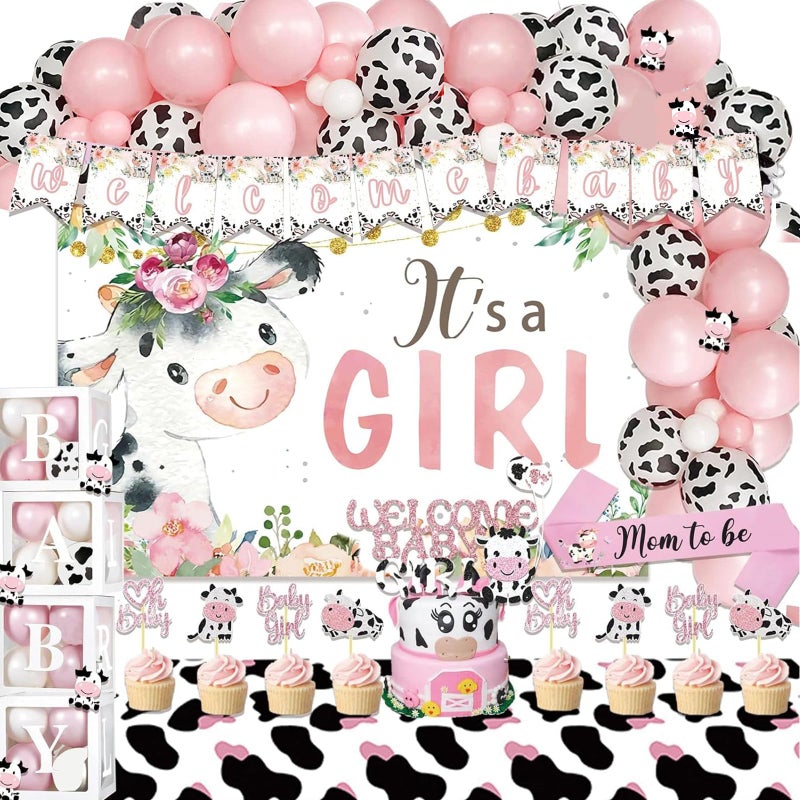 Fiesec Cow Baby Shower Decorations for Girl, Fiesec Pink Farm Cow Themed Baby Shower Decorations Backdrop Balloon Garland Welcome Baby Banner Tablecloth Cake Topper Box Cutout Mom To Be Sash - Image 1