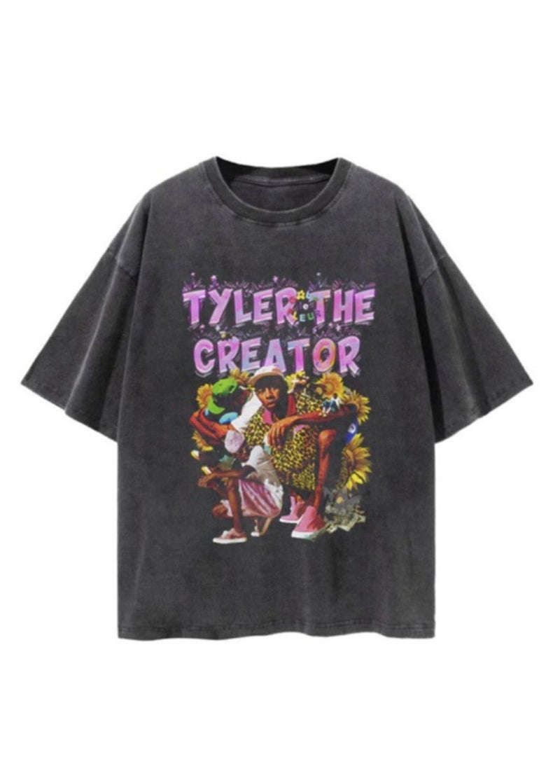 Washed retro T-shirt street hip hop anime dark casual cotton summer short sleeves - Image 1
