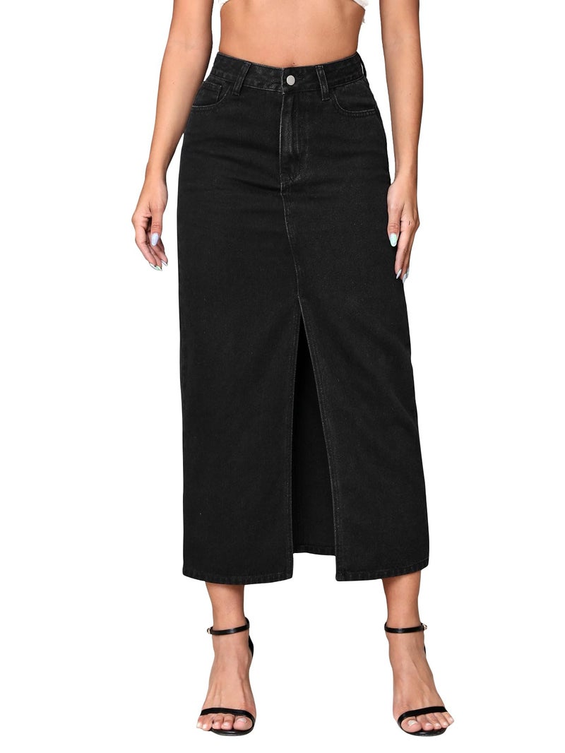 Shasmi Women's Elegant Black Solid High Waist Split Thigh Denim Maxi Skirt for Women's & Girl's (Skirt 180 Black-2XL) - Image 1