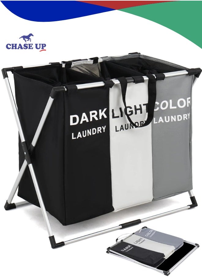 Chase Up - 3-Section 135L Foldable Laundry Basket with Metal Frame laundry bag and clothes basket washing basket handle Collapsible Laundry Basket, Laundry Hamper Bag Sorter Washing Bin Clothes Organizer Storage Basket Hamper for Clothes dirty clothes basket laundry bag basket Toys hamper basket Bathroom Bedroom Home cloth basket - Image 1