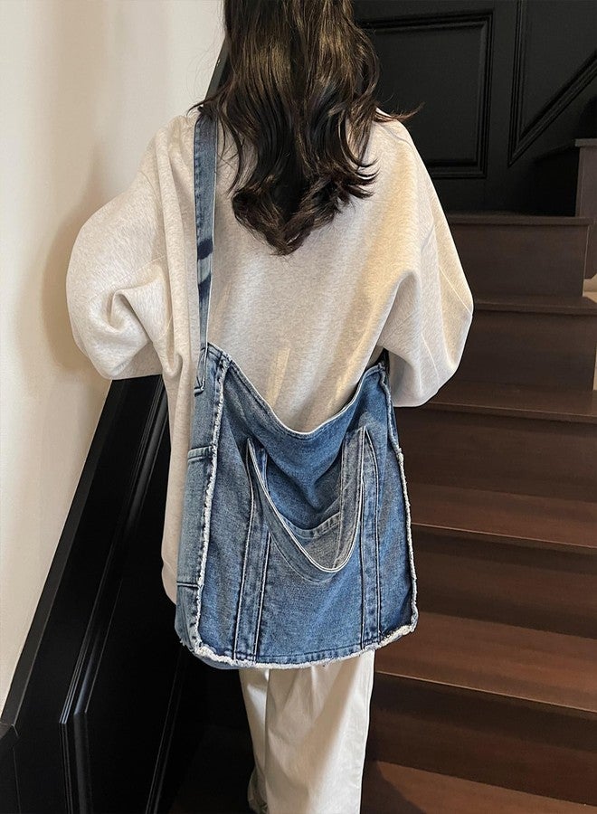 Extolove Denim Tote Bags for Women Jean Purse Casual Denim Handbag Large Capacity Crossbody Shoulder Bag (Light Blue) - Image 2