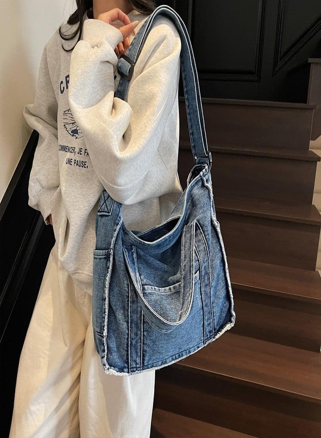Extolove Denim Tote Bags for Women Jean Purse Casual Denim Handbag Large Capacity Crossbody Shoulder Bag (Light Blue) - Image 3