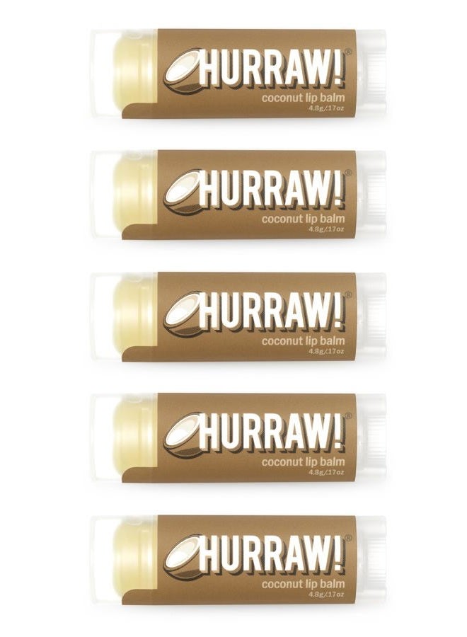 Hurraw! Coconut Lip Balm, 5 Pack: Organic, Certified Vegan, Cruelty and Gluten Free. Non-GMO, 100% Natural Ingredients. Bee, Shea, Soy and Palm Free. Made in USA - Image 1