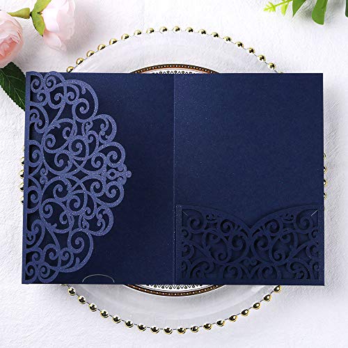 ponatia 5.12 x 7.2 Laser Cut Invitation Pocket, 20PCS Tri-Fold 5 x 7 Laser Cut Wedding Invitation Pockets with Envelopes for Wedding Bbay Shower Birthday Sweet 16 Invite (Navy Blue, No Inner Sheet) - Image 1