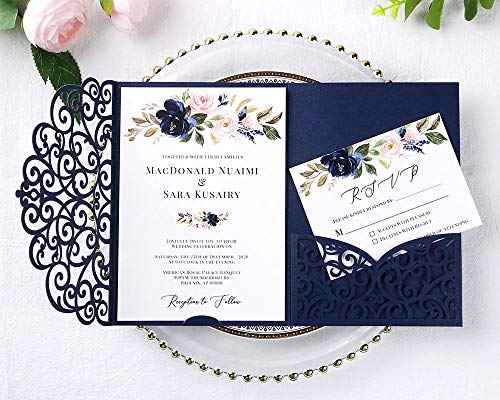ponatia 5.12 x 7.2 Laser Cut Invitation Pocket, 20PCS Tri-Fold 5 x 7 Laser Cut Wedding Invitation Pockets with Envelopes for Wedding Bbay Shower Birthday Sweet 16 Invite (Navy Blue, No Inner Sheet) - Image 3