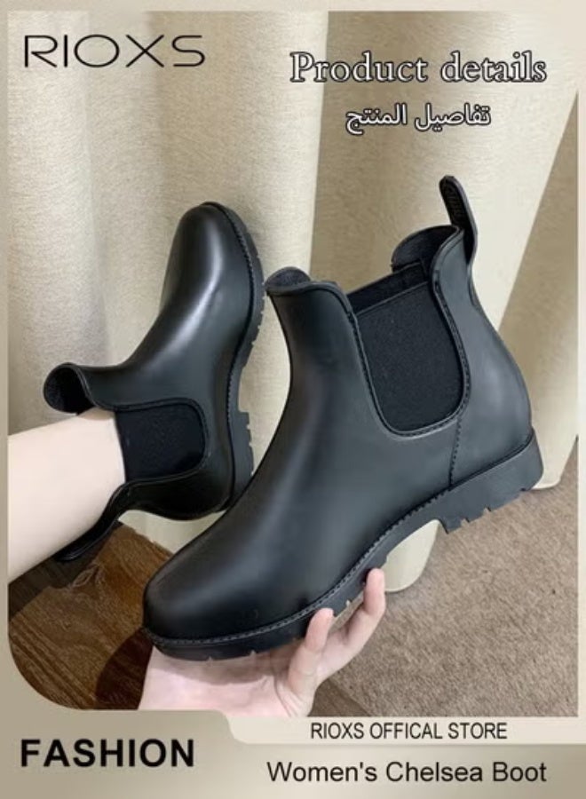 Women's Chelsea Boot, Waterproof Patent Leather Pull On Ankle Boots, Trendy Lightweight Elastic Low Flat Boots, Ankle Garden Shoes, Anti-slip Rain Boots for Laides, Trendy Dressy Boots, Suitable for Fishing, Boating, Farms, Hiking, Black