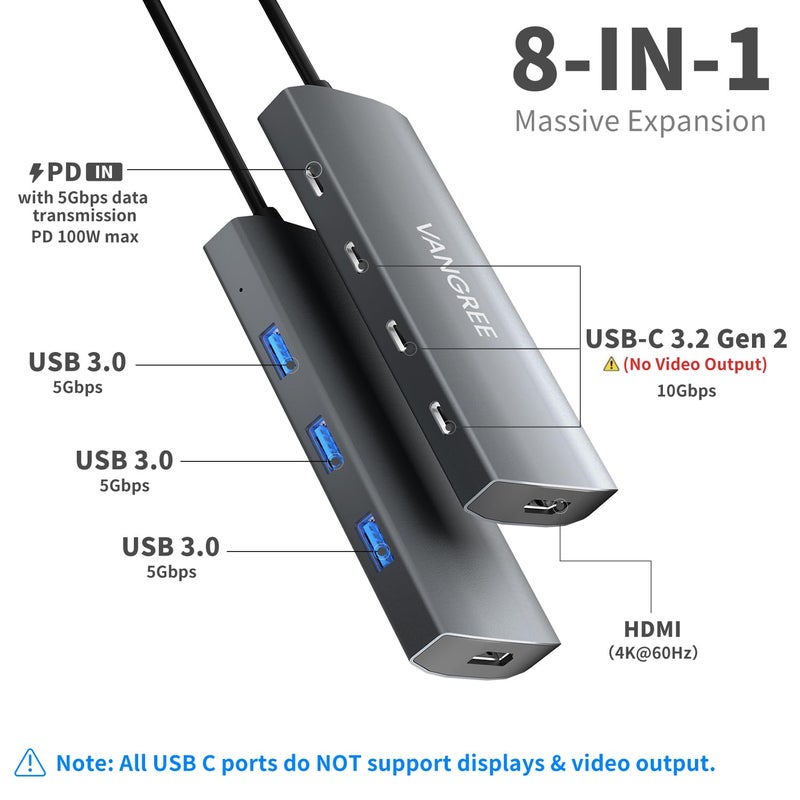 VANGREE USB C Hub, 3 USB 3.2 Gen 2 Ports with 10Gbps, 4K@60Hz HDMI, 100W Power Delivery, 3 USB-A 3.0 Ports, USB C Splitter Multiport Adapter Extender for MacBook Pro/Air, iPad Pro, Mac mini and More - Image 2