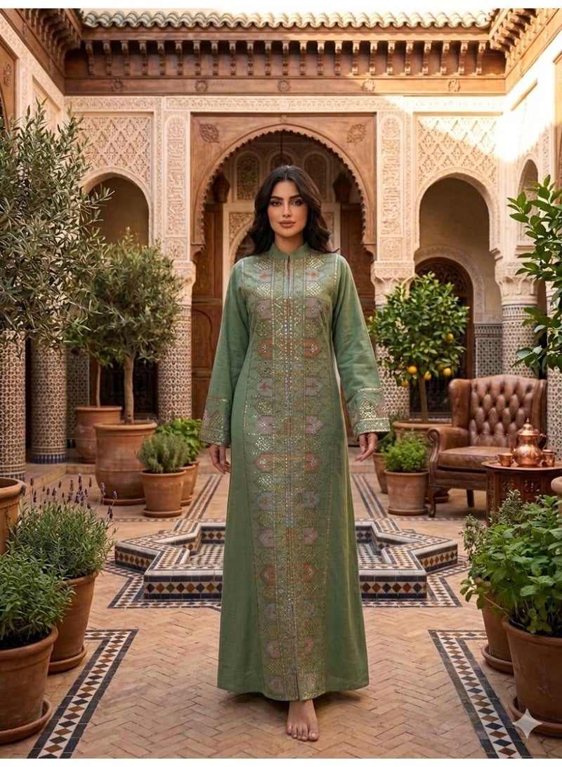 عباية حريمي مطرزة فاخرة تصميم تراثي أنيق  خامة كتان إسباني مستورد  للمحجبات  كود 6270 اللون الزيتي مقاس 1: عرض 60 سم – مناسب حتى 85 كجم - Image 3