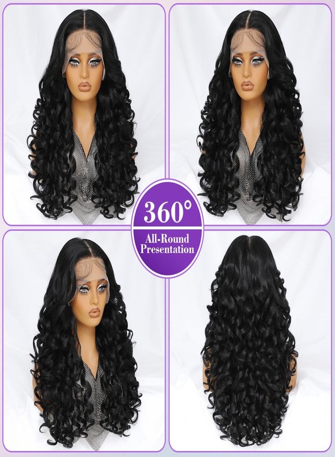 Felek 13x6 Synthetic Lace Front Wig Loose Wave HD Transparent Lace Frontal Wigs Pre Plucked Wear and Go Glueless Wigs for Black and White Women 24 inch Long Curly Wig Off Black 1B - Image 2