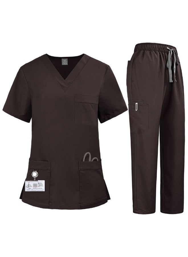 NIBEMINENT Women'S Nurse Uniform Quick-Drying Fabric Solid Color V-Neck Pocket Short-Sleeved Trousers Suit Nursing Uniform Suit - Image 1