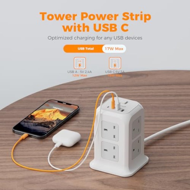 برج تمديد الرصاص 4 فتحات USB 2 USB C، تمديد الرصاص 13A 3250W، 8 طريقة متعددة التوصيل قطاع الطاقة مع التبديل، محول متعدد المكونات مع كابل 2M للمنزل والمكتب والمدرسة - Image 2