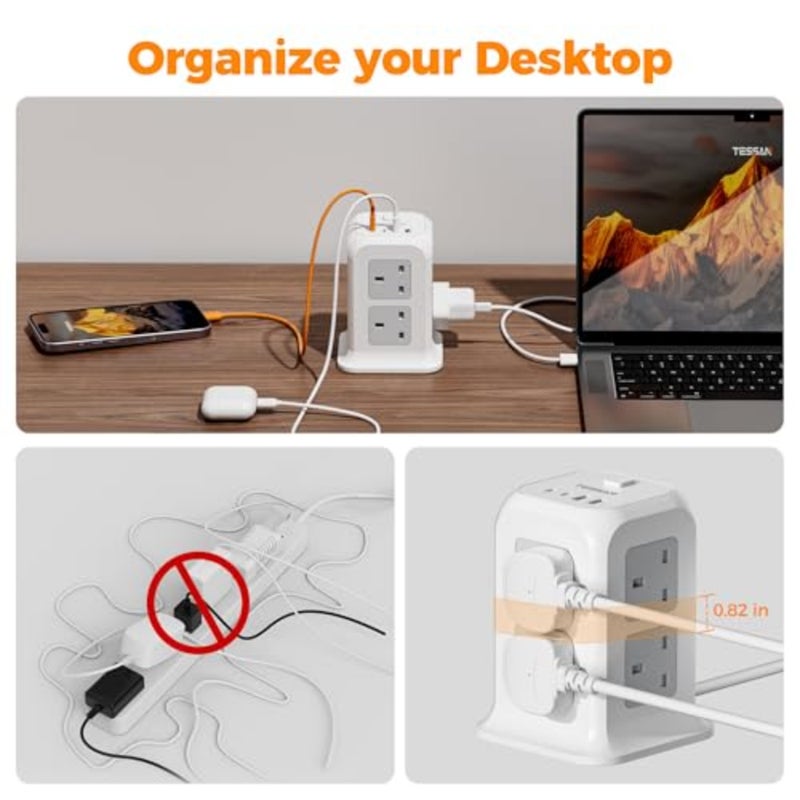 برج تمديد الرصاص 4 فتحات USB 2 USB C، تمديد الرصاص 13A 3250W، 8 طريقة متعددة التوصيل قطاع الطاقة مع التبديل، محول متعدد المكونات مع كابل 2M للمنزل والمكتب والمدرسة - Image 3